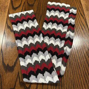 Knit Scarf with Black, Red, Gray & White Chevron Pattern ~ Approx. 70" Long